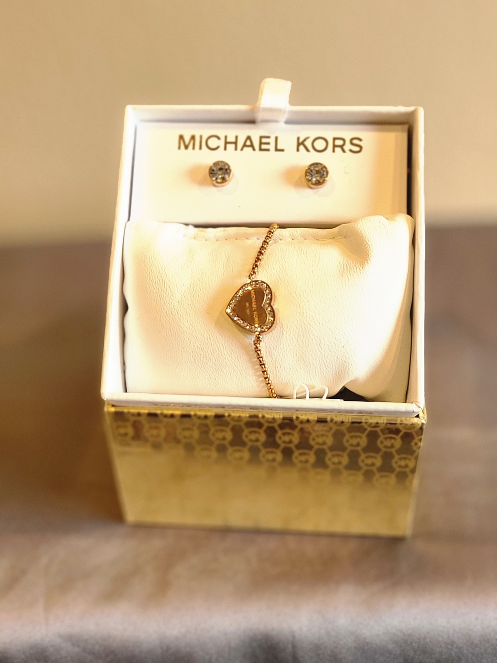 Michael Kors Rose Gold Logo Slider Adjustable Bracelet And Matching Earrings Set